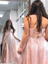 A Line V Neck Criss Cross Pink Sequins Prom Dress with Slit LBQ3979